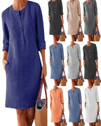 Women's Button Detail Knee-Length Dress with Roll-Up Sleeves and Pockets