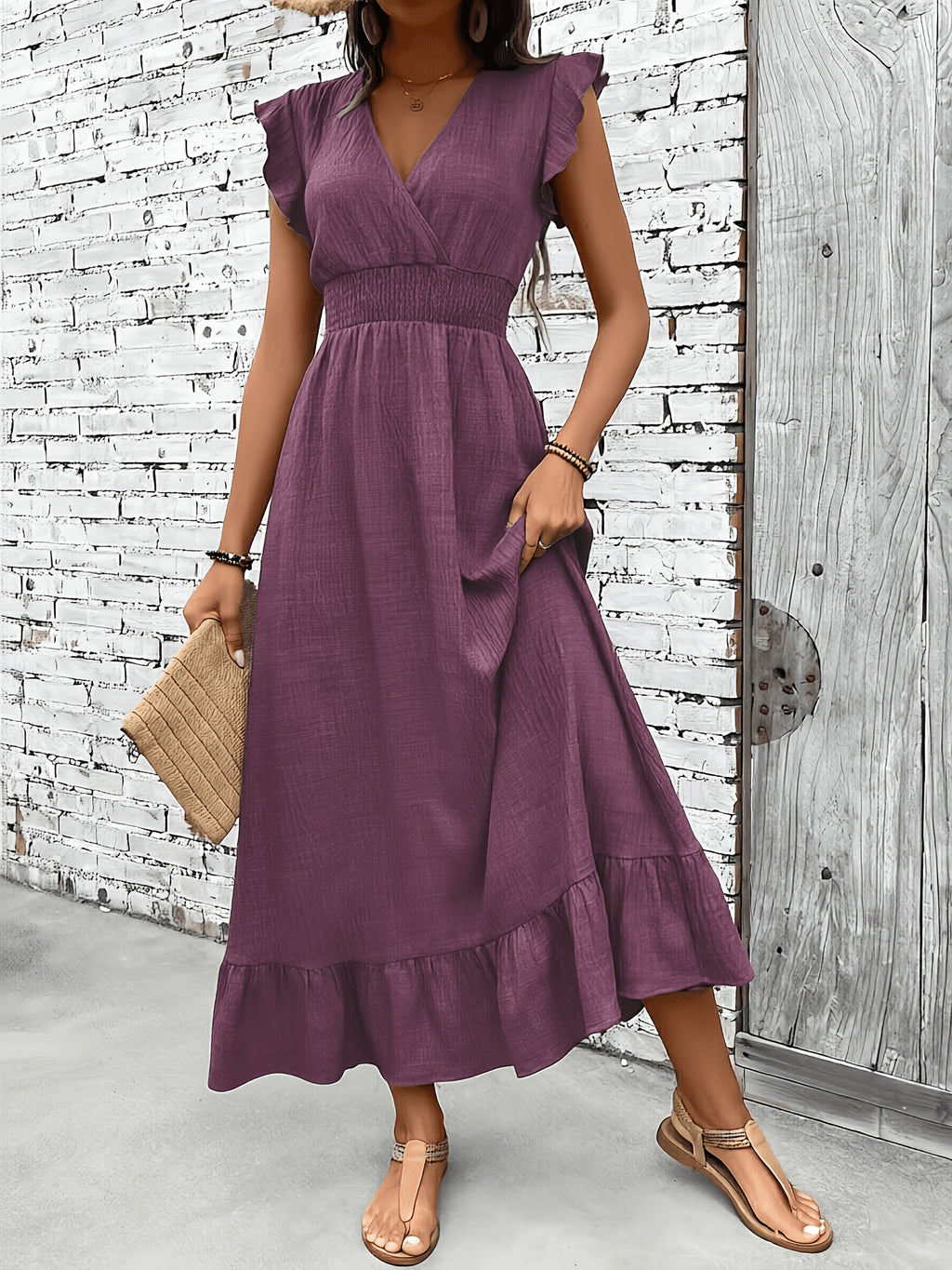 Women's Ruffle Sleeve V-Neck Smocked Waist Maxi Dress