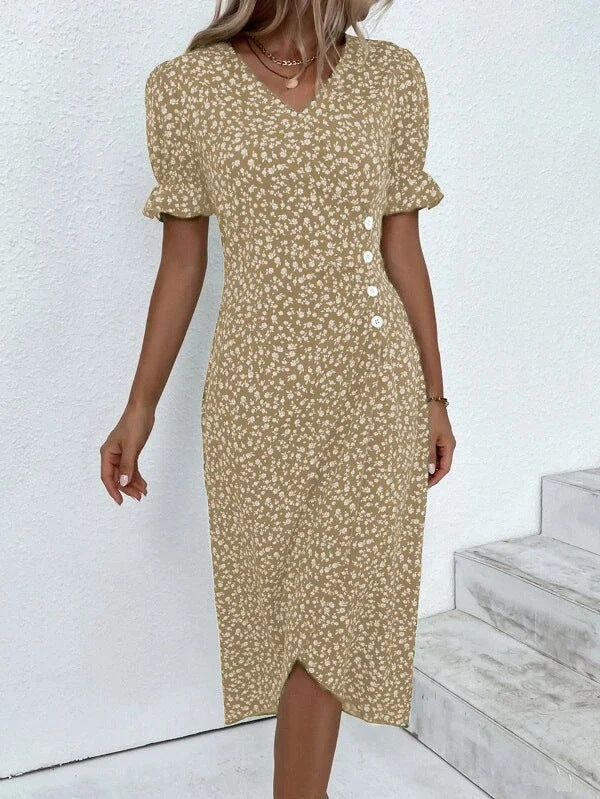 Robe midi portefeuille à imprimé floral pour femme avec détail de boutons sur le côté