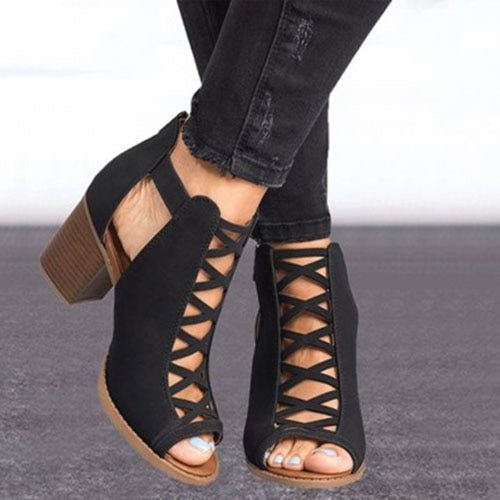 Damers cutout peep toe sandaler med blockklack