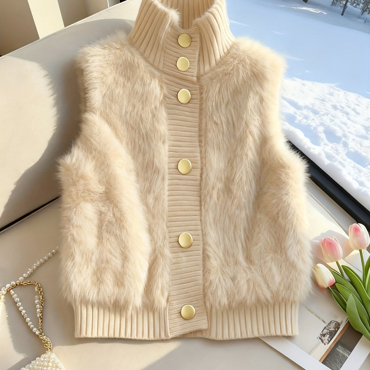 Gilet pour femme en fausse fourrure, boutonné sur le devant, à col montant