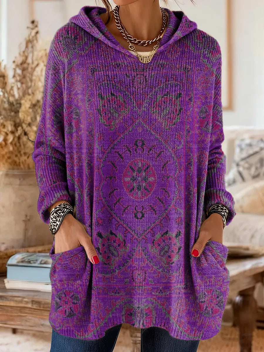 Pull tunique imprimé à capuche pour femme