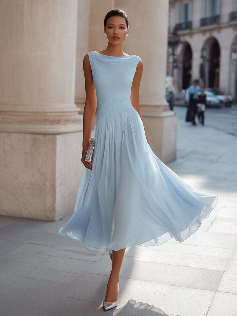 Ärmelloses Chiffon-Midikleid für Damen mit drapiertem Ausschnitt und geraffter Taille