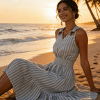 Women's Striped Midi Dress with Shirred Waist and Ring Strap Details