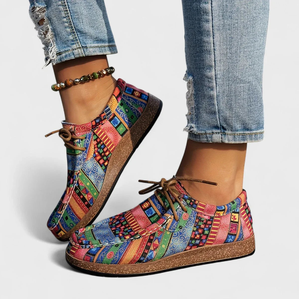 Zapatos casuales cómodos para mujer con patrón de patchwork y cordones de encaje