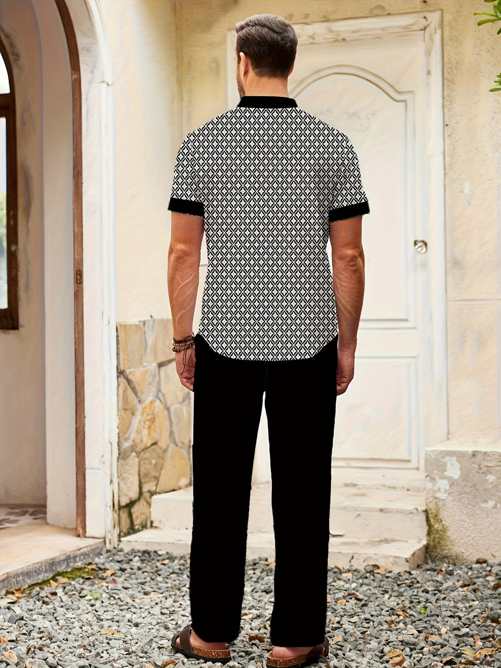 Men's Geometric Button-Up Shirt & Trousers Set
