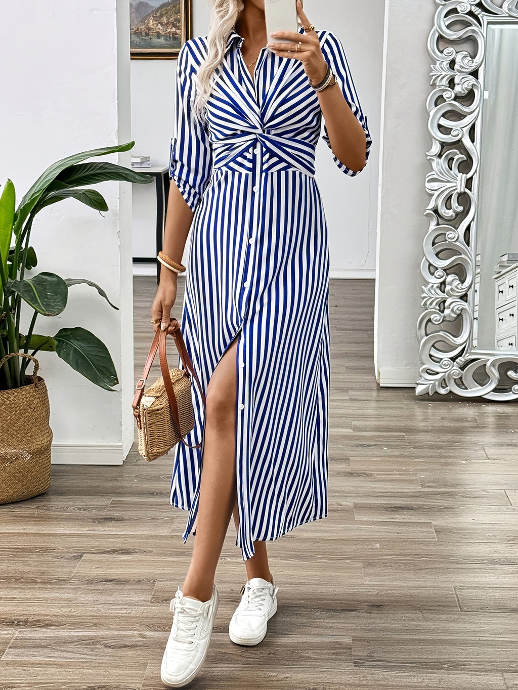 Women's Striped Midi Shirt Dress with Twist Waist and Button Front