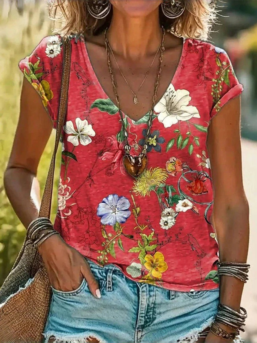 Women's Floral V-Neck T-Shirt with Short Sleeves for Casual Summer Wear