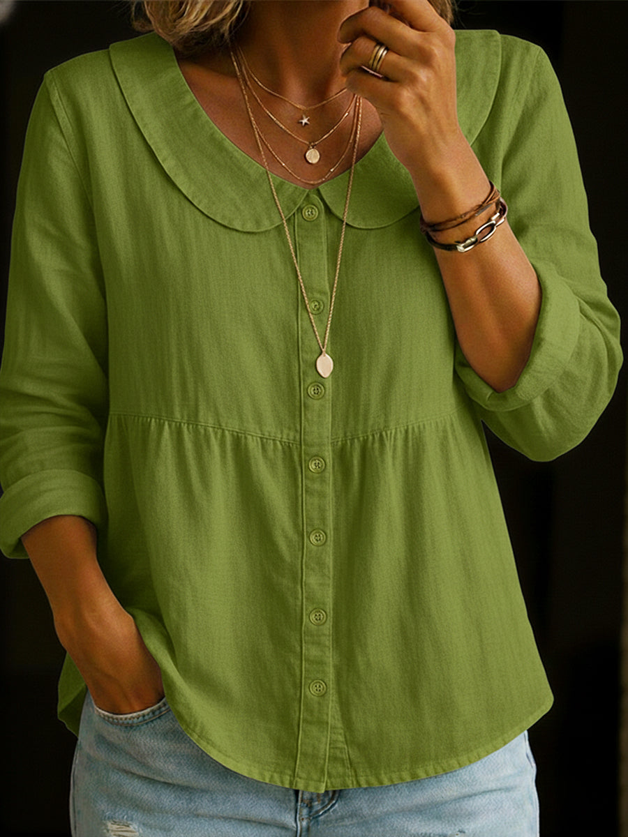 Women's Cotton Linen Blouse with Rounded Collar and Button-Front Design