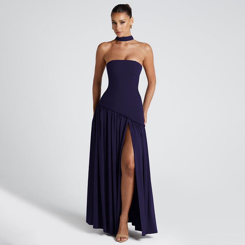 Women Strapless Maxi Dress with Side Slit and Elegant Contrast Design