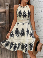Women's Floral Lace Trim Halter Midi Dress