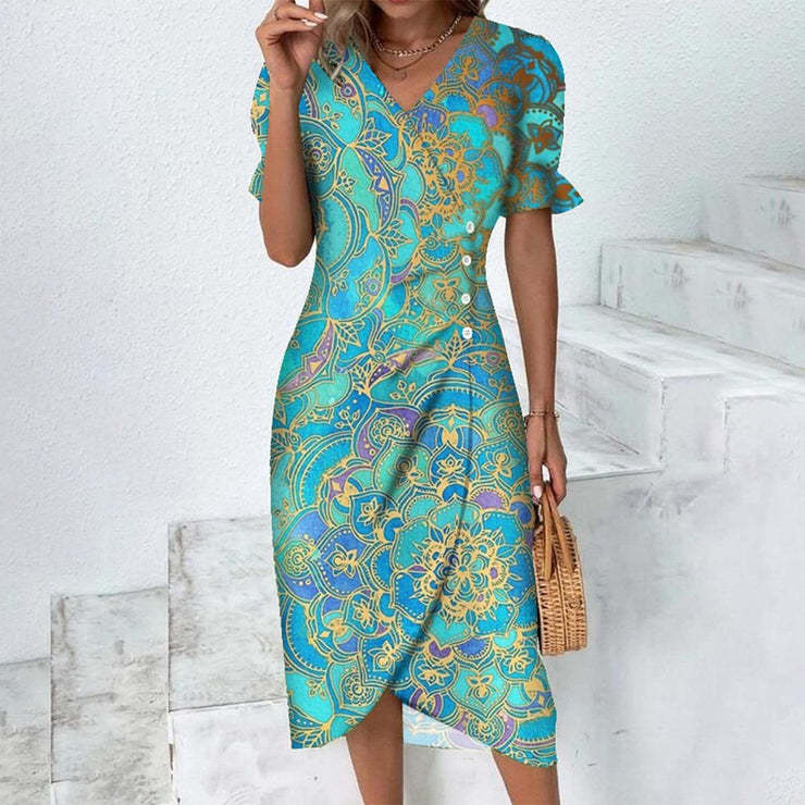 Robe midi portefeuille à imprimé floral pour femme avec détail de boutons sur le côté