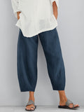 Damen Cropped-Hose aus Baumwoll-Leinen mit elastischem Bund und Taschen