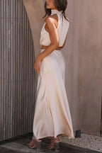 Damen Satin Zweiteiler mit Neckholder-Top und Maxirock für elegante Anlässe