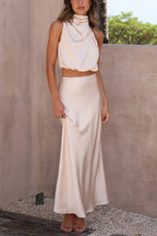 Damen Satin Zweiteiler mit Neckholder-Top und Maxirock für elegante Anlässe