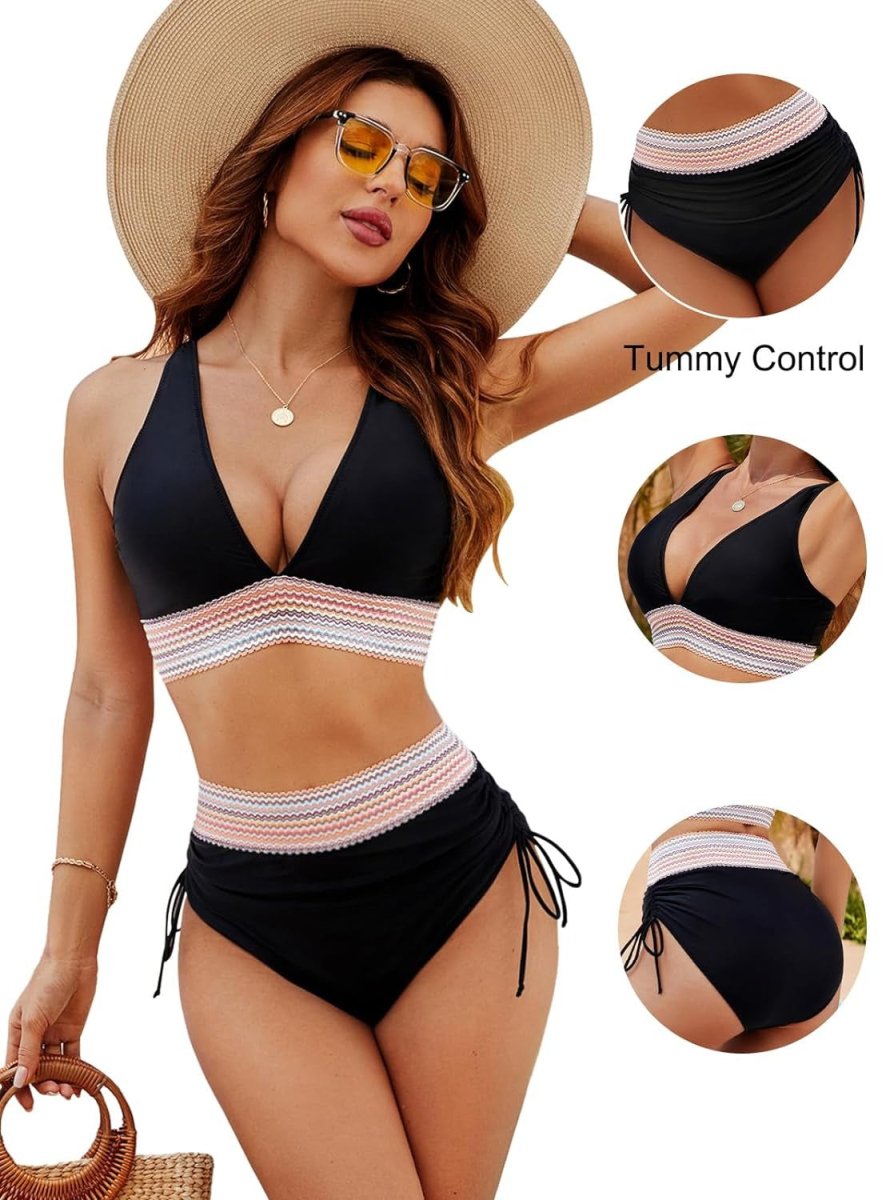 Damen Bikini-Set mit hohem Bund und V-Ausschnitt, verziert mit strukturierter Einfassung