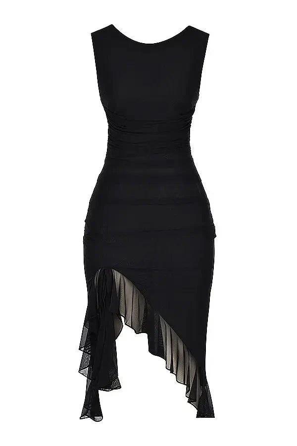 Damen Midikleid mit Raffung, Rüschensaum und ärmelloser, figurbetonter Passform