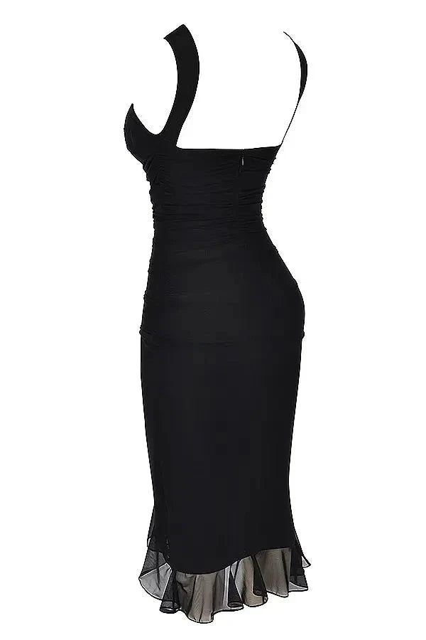 Damen Midikleid mit Raffung, Rüschensaum und ärmelloser, figurbetonter Passform