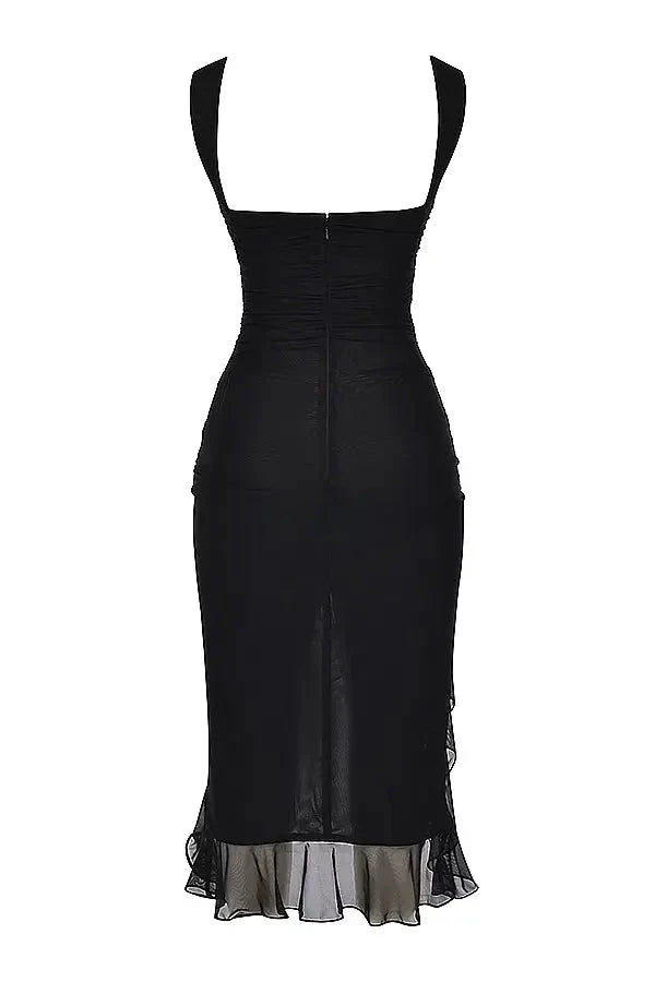 Damen Midikleid mit Raffung, Rüschensaum und ärmelloser, figurbetonter Passform