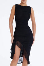 Damen Midikleid mit Raffung, Rüschensaum und ärmelloser, figurbetonter Passform