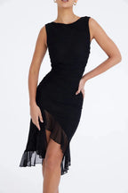 Damen Midikleid mit Raffung, Rüschensaum und ärmelloser, figurbetonter Passform