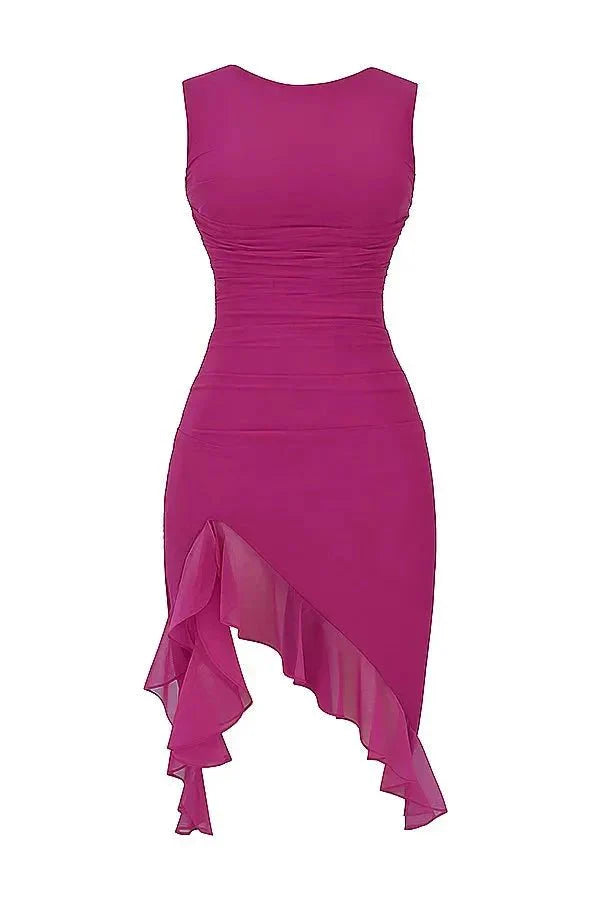 Damen Midikleid mit Raffung, Rüschensaum und ärmelloser, figurbetonter Passform