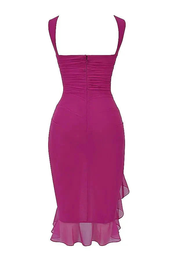 Damen Midikleid mit Raffung, Rüschensaum und ärmelloser, figurbetonter Passform