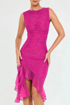 Damen Midikleid mit Raffung, Rüschensaum und ärmelloser, figurbetonter Passform