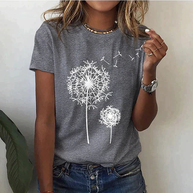 Women's Graphic T-Shirt with Dandelion Print and Short Sleeves