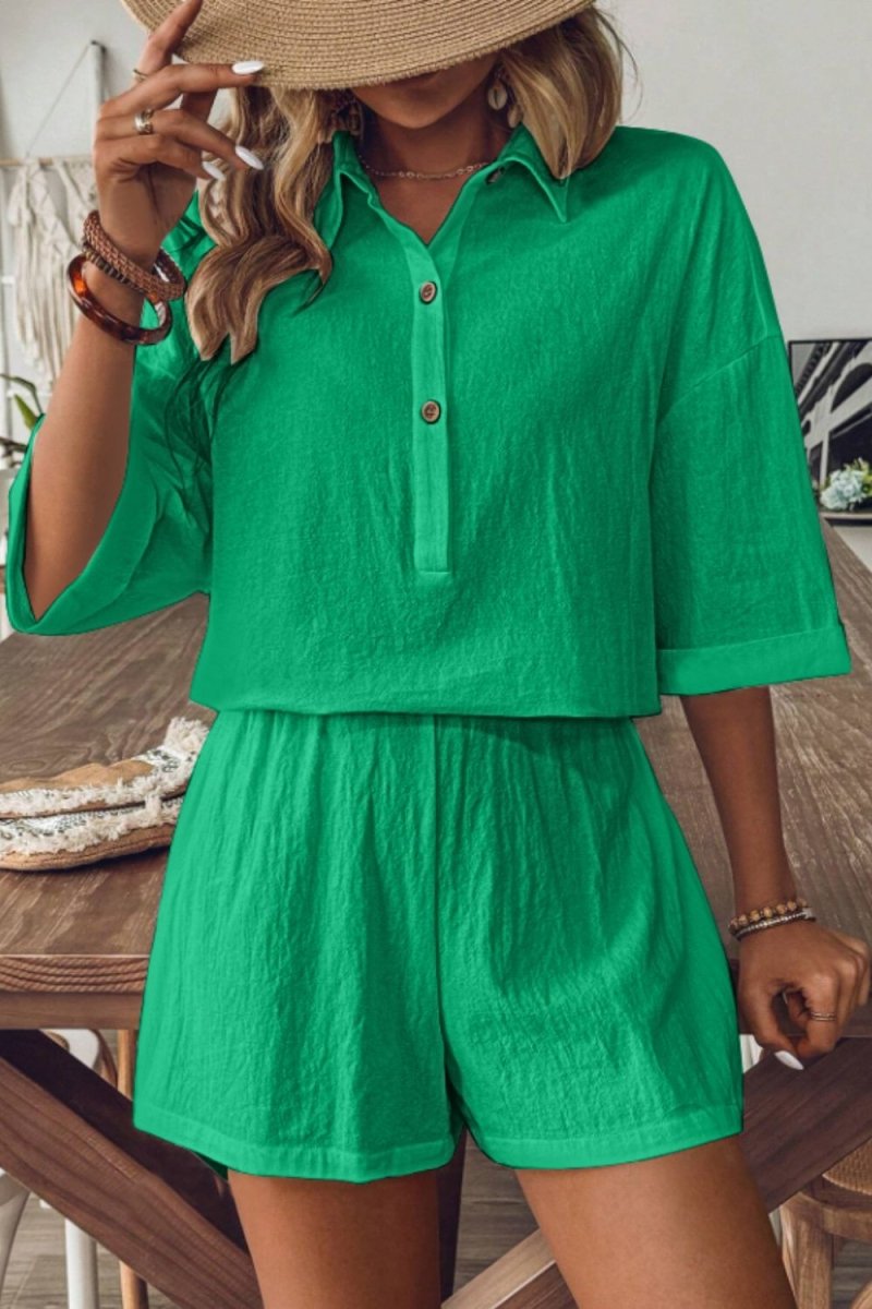 Damen zweiteiliges Shorts-Set mit Kragen für entspannten und mühelosen Alltagsstil