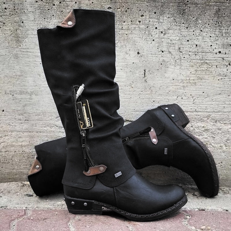 Bottes montantes pour femmes avec fermeture éclair latérale et talon carré bas