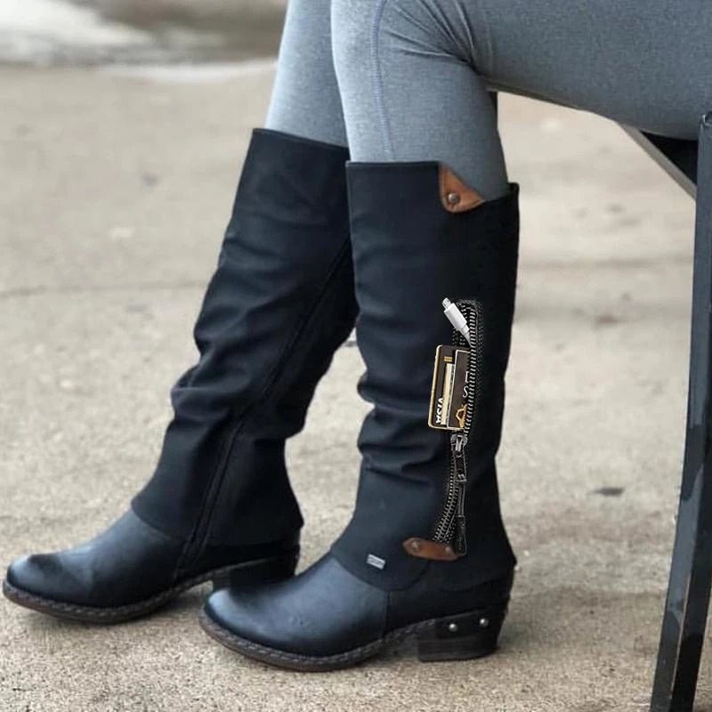 Women's Knee-High Boots with Side Zipper and Low Block Heel
