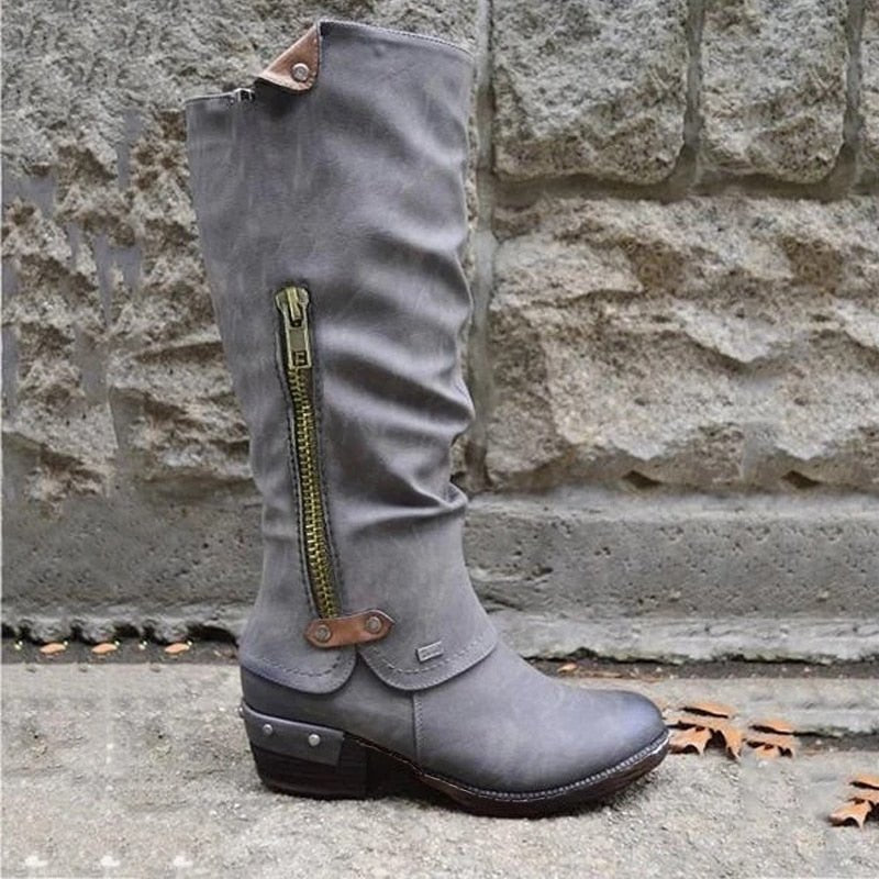 Bottes montantes pour femmes avec fermeture éclair latérale et talon carré bas
