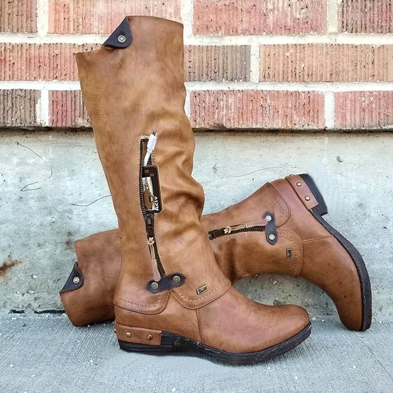 Bottes montantes pour femmes avec fermeture éclair latérale et talon carré bas