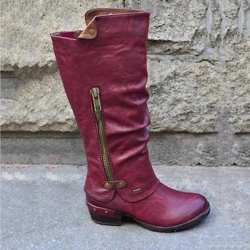 Bottes montantes pour femmes avec fermeture éclair latérale et talon carré bas