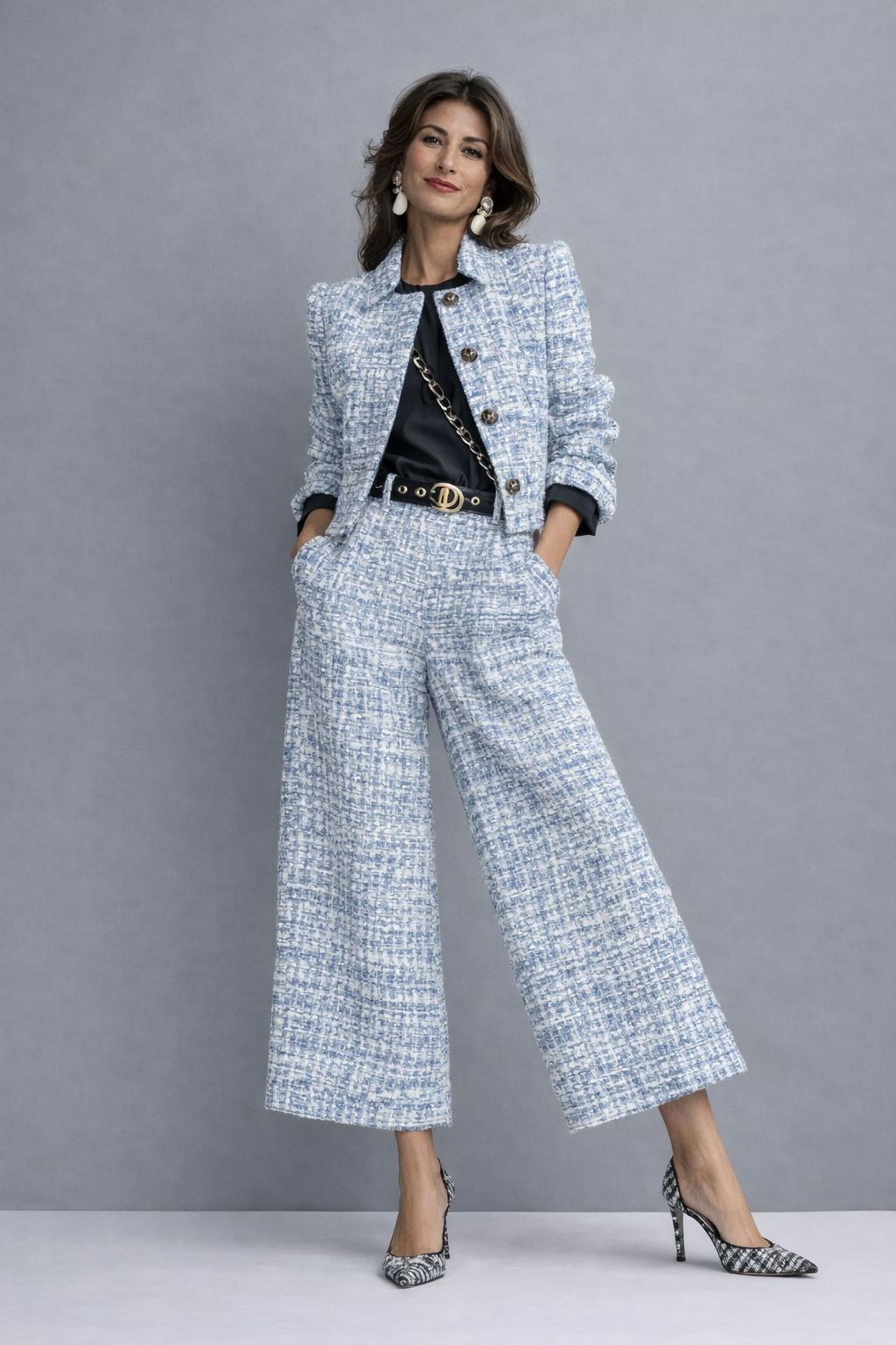 Women's Textured Cropped Jacket and Wide-Leg Pants Set