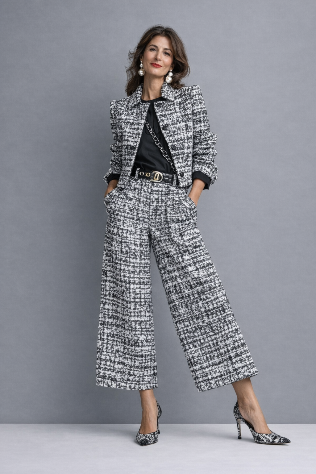 Women's Textured Cropped Jacket and Wide-Leg Pants Set