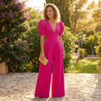 Eleganter Damen-Jumpsuit mit Puffärmeln, weitem Bein, tiefem V-Ausschnitt, tailliertem Schnitt und Seitentaschen