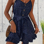Women's Polka Dot Romper with Button Front and Adjustable Waist Tie