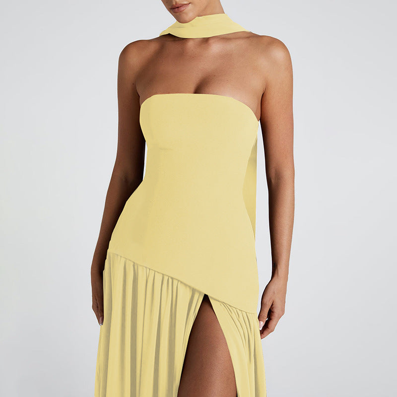 Damen Trägerloses Maxikleid mit Seitenschlitz und elegantem Kontrastdesign
