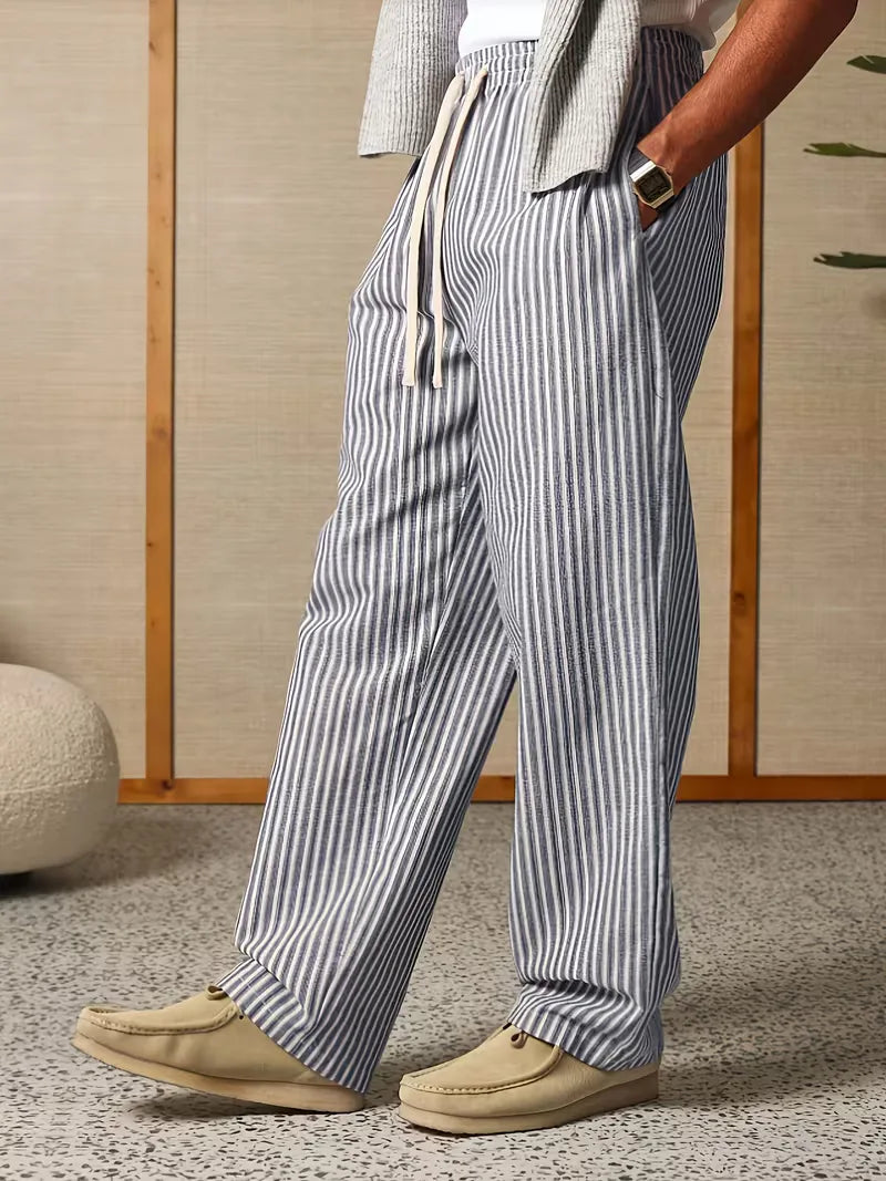 Men's Striped Relaxed Trousers with Elasticated Drawstring Waist
