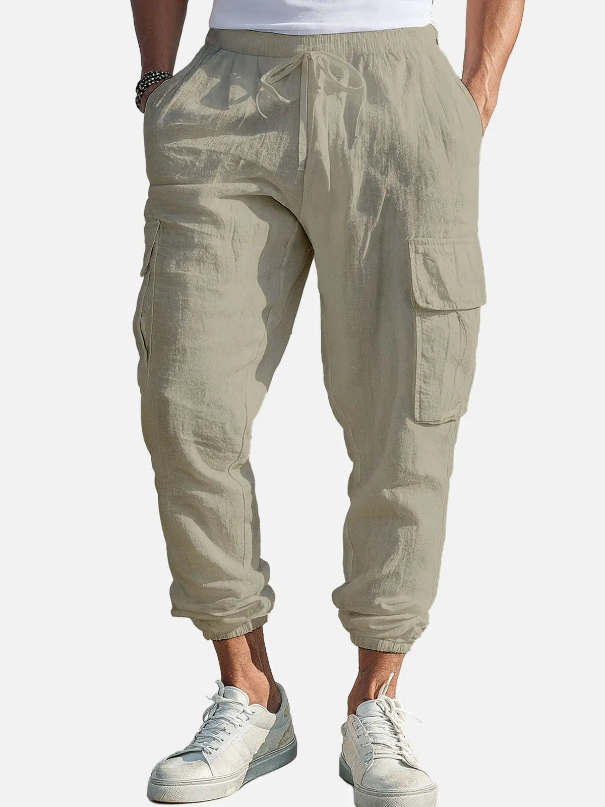 Men Lightweight Linen Blend Cargo Joggers with Relaxed Fit and Drawstring Waist