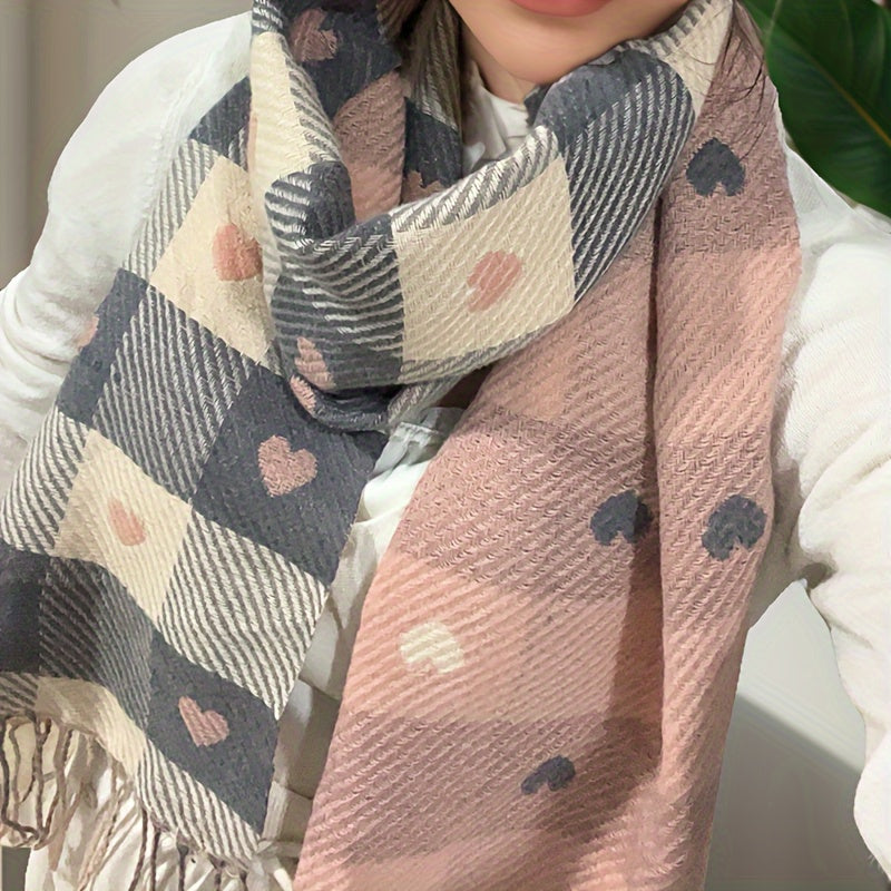 Women’s Heart Plaid Fringed Winter Scarf