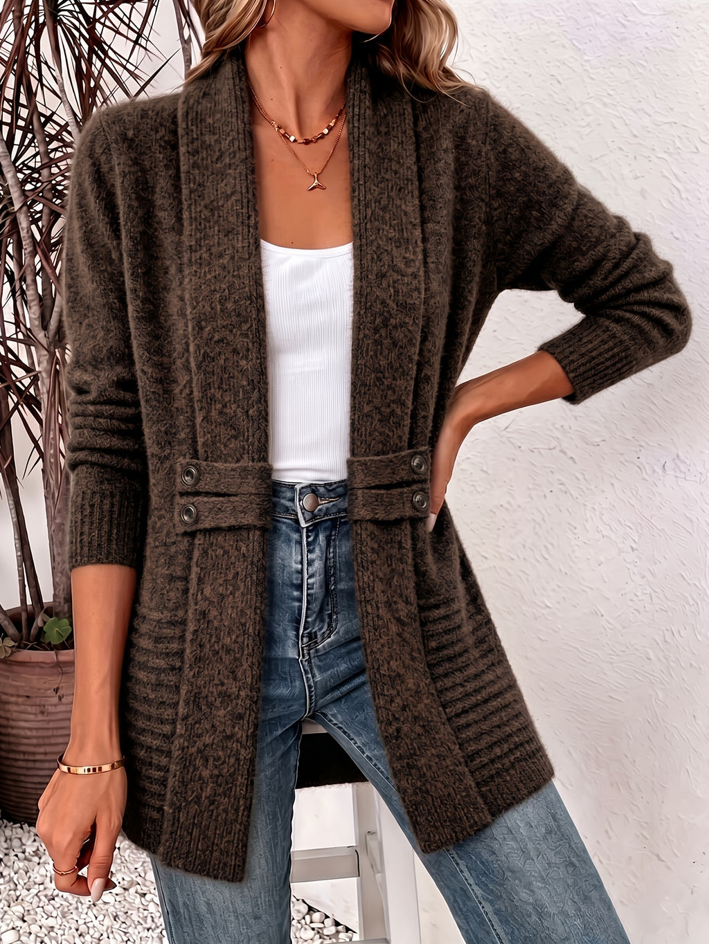 Women's Open Front Shawl Collar Knit Cardigan Sweater