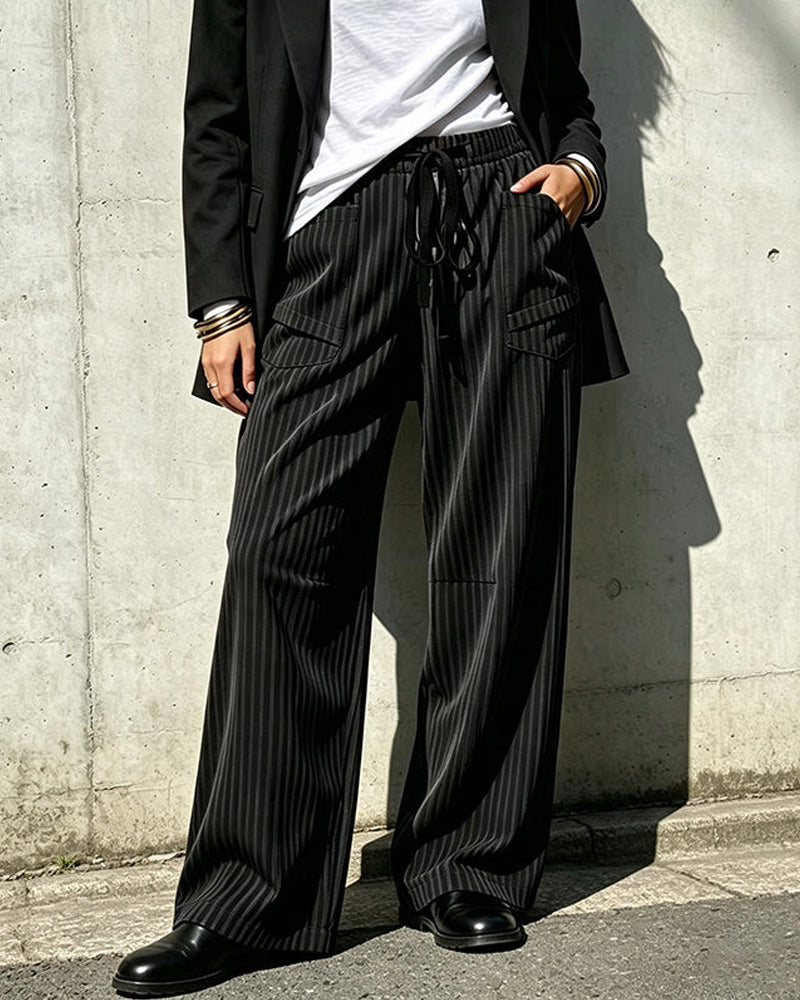 Pantalon cargo large à jambes larges en velours côtelé pour femme avec cordon de serrage