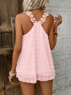 Women's Textured V-Neck Sleeveless Top with Floral Strap Details