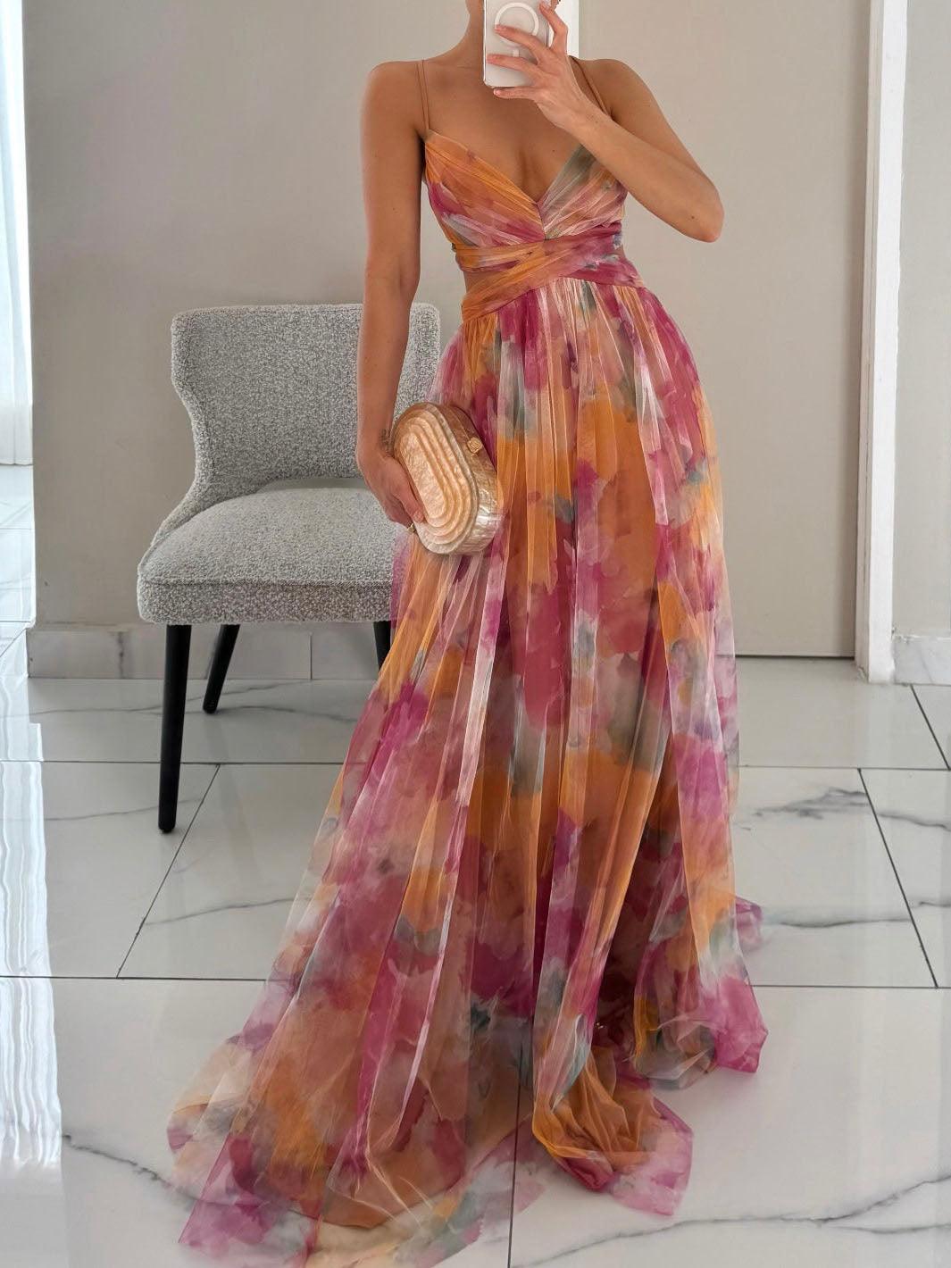 Damen elegantes Tüll-Maxikleid mit Aquarell-Blumenmuster und fließender Passform