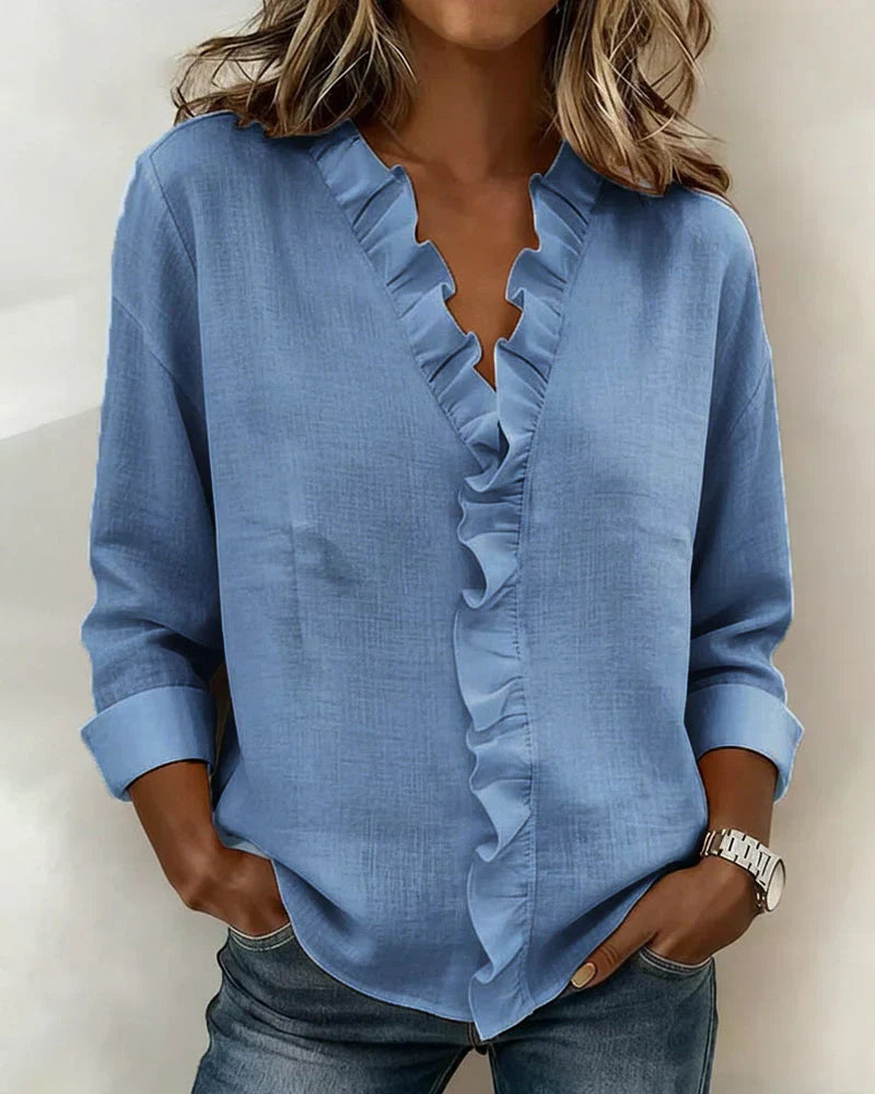 Women's Ruffle V-Neck Blouse with Long Sleeves for Elegant Everyday Wear