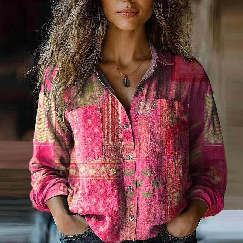 Women's Vintage Print Button-Up Blouse