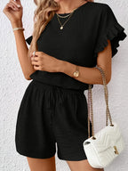 Women's Textured Ruffle Sleeve Top and Drawstring Shorts Set